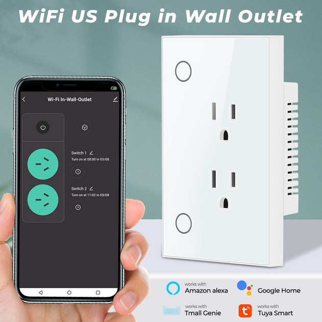 Smart Wall Socket WIFI 3 Pin Double Socket touch Glass Panel US Outlet Voice Remote Control - A-TEAM SMART HOME