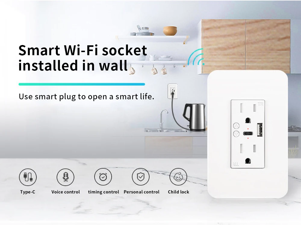 Smart Life Smart Wall Socket US Standard Alexa Voice Control WiFi Type C and USB WiFi Smart Wall Socket - A-TEAM SMART HOME